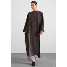Olcay Derin Yırtmaçlı Oversize Uzun Tunik Kahve 9838