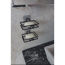 Eva Metal Tasarim Yapışkanlı Banyo Mutfak Lavabo Metal Katı Sabunluk 2'li Set Siyah