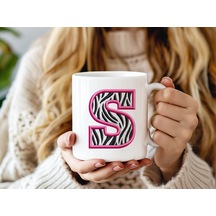 S Harfi Zebra Deseni Ve Pembe Kenarlı Kupa Bardak - Kişiye Özel Nakış Efektli - Siyah Beyaz Pembe Beyaz