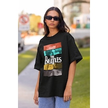 The Beatles Baskılı Unisex Tişört, Oversize Müzik Grubu Tişört Siyah