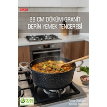 Büyük Boy Derin Yemek Tenceresi Döküm Granit 28 Cm Fırına Girebilir Siyah