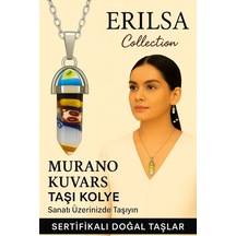 Sertifikalı Çivi Model Murano Kuvars Taşı Kolye Canlı Renkli Sanat Desenli Çok Renkli