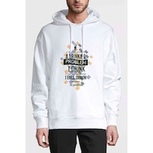 Drinking Problem Baskılı Beyaz Erkek Örme Kapşonlu Sweatshirt