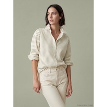 Lcw Vision Ekru Çizgili Oversize Poplin Kadın Gömlek
