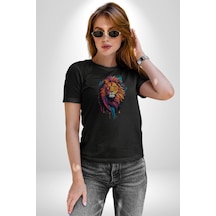 Renkli Yağlı Boya Aslan Unisex Unisex Siyah Organik Baskılı T-shirt Penye Yüksek Kalite Siyah