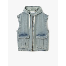 Koton Kapüşonlu Fermuarlı Kapaklı Cepli Oversize Pamuklu Kolsuz Denim Yelek Açık İndigo 5sam50007nd Açık İndigo