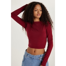Tudors Kadın Slim Fit Dar Kesim Bisiklet Yaka Sırt Detaylı Bordo Bluz-34075 Bordo