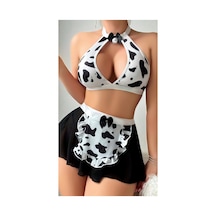 Lily Bianca Nightwear İnek Desenli Fiyonklu Alt Üst Takım Fantezi Kostüm Siyah