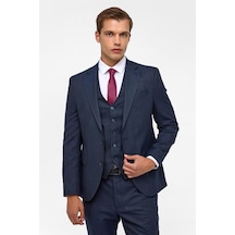 Süvari Lacivert Slim Desenli Mono Yaka 6 Drop Yelekli Takım Elbise