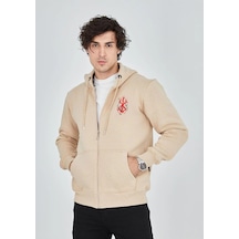 Erkek 3 İplik Pamuklu Kapüşonlu Tam Fermuarlı Cepli Hoodie Sweatshirt - Bej