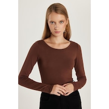 Tudors Kadın Slim Fit Dar Kesim Uzun Kollu Viskon Kahverengi Bluz-35203 Kahverengi