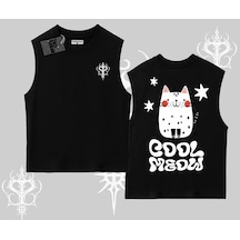 Tarzsokak Cool Meow Yazılı Sevimli Kedi Arka Baskılı Kolsuz Tshirt Siyah