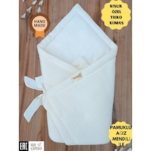 Triko Örgü Kışlık Kız Erkek Bebek Battaniyesi Kundağı Pamuklu Hastane Çıkışı Yenidoğan Hediyelik Ekru