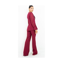 Dorne Moda Kadın İşlemeli Bluz Pantolon Takım Şifon Kol Detaylı Şık İkili Takım Bordo