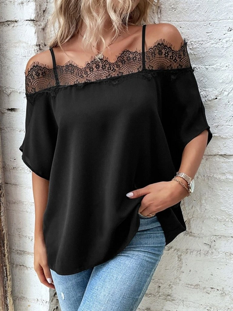 Nova Bazaar Kadın Askılı Dantel Janjan Krep Bluz Siyah