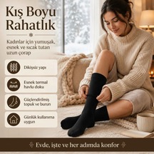 Kadın Siyah 12 Li Kışlık Termal Uzun Çorap Dikişsiz, Esnek Havlu Dokulu, Sıcak Tutan, Güçlendirilmiş Topuk Ve Burun Siyah Simli