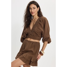 Tudors Kadın Oversize Geniş Kesim %100 Pamuk Kruvaze Yaka Crop Fırfırlı Kahverengi Şort Etek Takım-50560 Tudors Kadın Oversize Geniş Kesim %100 Pamuk Kruvaze Yaka Crop Fırfırlı Kahverengi Şort Etek Takım-50560