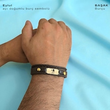 Archin Başak Burçları İçin Kahverengi Derili Oval Motifli 14 Ayar Altın Plakalı Hediye Bileklik-602burç Başak