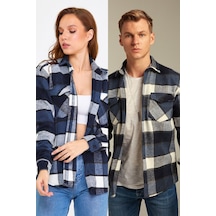 Cool Tarz Unisex Koyu Mavi-beyaz Cep Kapaklı Slim Fit Oduncu Gömlek Koyu Mavi-beyaz Koyu Mavi-beyaz