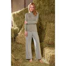 Monamise Kadın Balıkçı Yaka Lotus Çiçeği ve Çizgi Desenli Pijama Takımı Krem