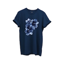 Mavi Çiçek Desenli Kadın %100 Pamuk Regular Fit Bisiklet Yaka T-shirt Lacivert