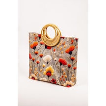 Fabric Craft Bag El Çantası Duck Kumaş Bambu Saplı Desenli Çok renkli
