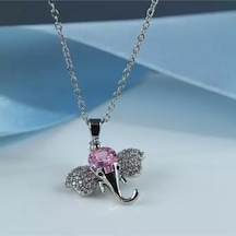 Fil Zirkon Taş Tasarımlı Pembe Paslanmaz Çelik Kolye Çelik