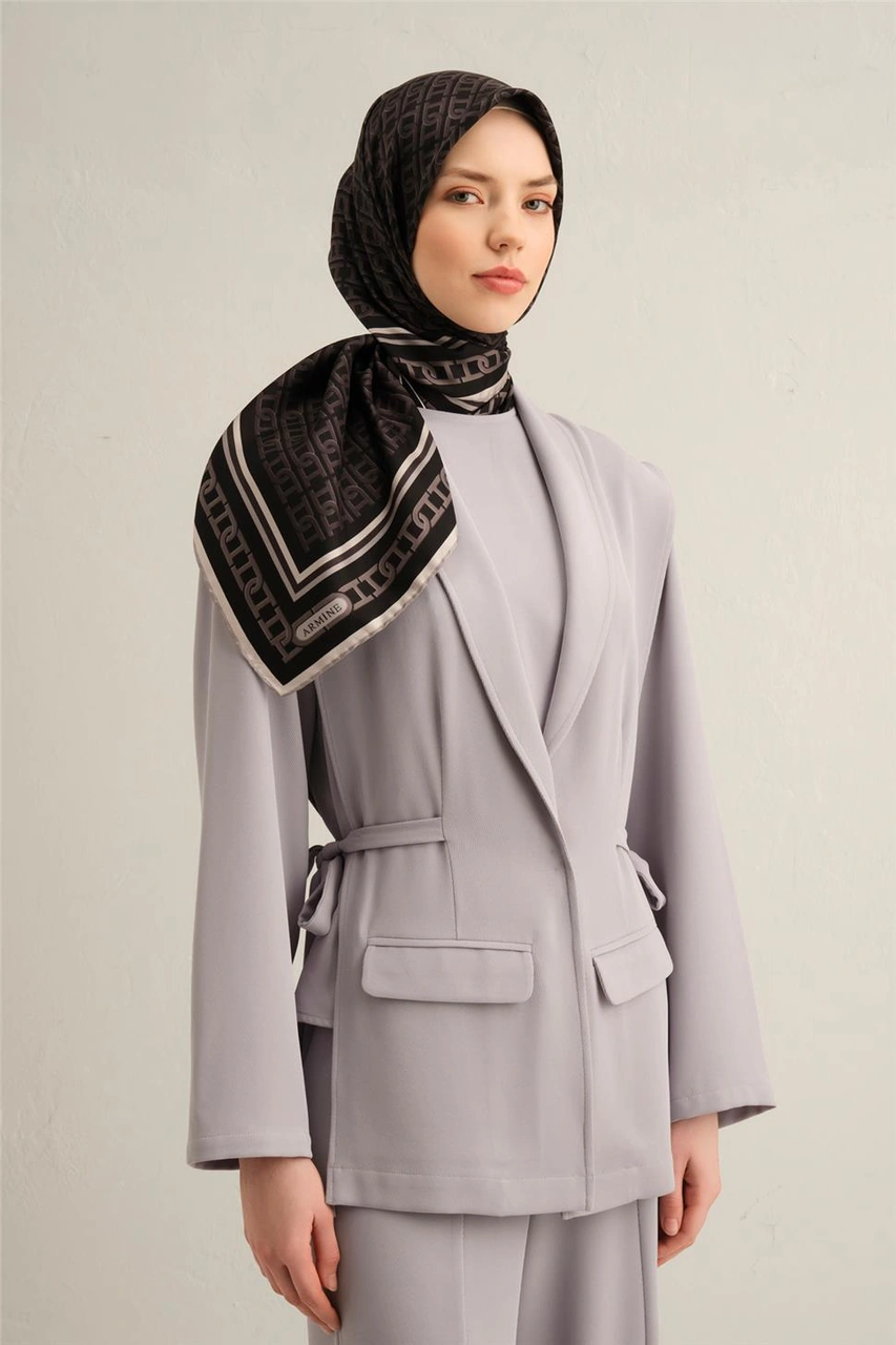 Armine Klasik Desenli Saf İpek Twill Eşarp 9301d 84 KAhverengi