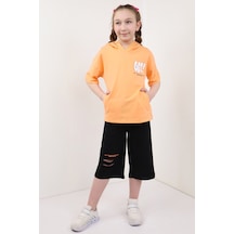 Toontoy Kids Toontoy Kız Çocuk 2'li Takım Baskılı Kapüşonlu Cepli T-shirt & Beli Lastikli Kapri Şort - Lazer Kesim Detaylı Turuncu
