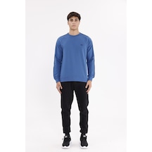 Rowinger Çift Şeritli Raglan Kol Minimal Logolu Bisiklet Yaka Sweatshirt İndigo