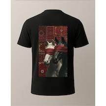 Etnik Atlar Baskılı T-shirt Siyah