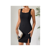 Butik İstanbul Kadın Askılı Kare Yakalı Yırtmaçlı Kısa Dalgıç Elbise Siyah