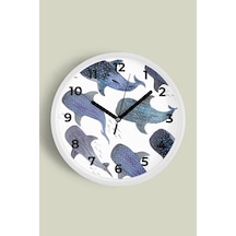 Balina Temalı Modern Duvar Saati - 30cm - Önü Camlı Beyaz Kasa - Sessiz Mekanizma Beyaz