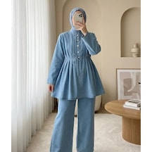 Lovie Moda Kadın Beli Bağcıklı Kot Takım Mavi