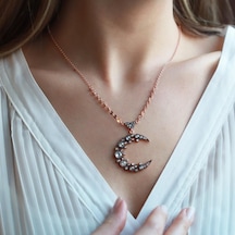 Elmas Montür Hilal Rose Gold Kaplama Gümüş Kolye Gümüş