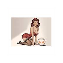 Pin-up Kızı Ve Balık Kasesi Modern Ahşap Tablo