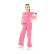 Toontoy Kids Toontoy Kız Çocuk 2'li Takım Baskılı Kısa Kollu Sweatshirt & Beli Lastikli Yırtmaçlı Bol Paça Eşofman Altı - 30/1 Penye Fuşya