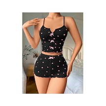 Lily Bianca Nightwear Kalp Desenli Fiyonklu Alt Üst Takım Gecelik Siyah