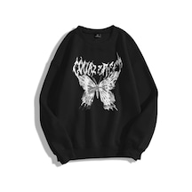 Unisex Punk Kelebek Bisiklet Yaka Sweatshirt Siyah Siyah