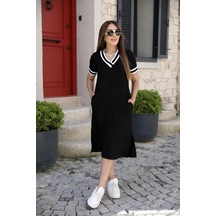 Efnaz Style Kadın Kısa Kollu V Yaka Kol Ve Yaka Ribana Detay Midi Boy Viskon Elbise Siyah