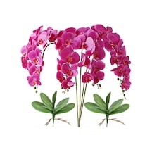 4lü Set Yapay Çiçek Fuşya Islak Orkide Ve 2 Adet Orkide Yaprağı Gerçeksi Doku Uzun Dal 90cm