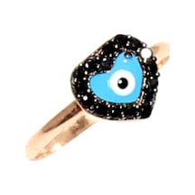 925 Ayar Gümüş Kalp Modeli Yüzük, Pembe - Siyah Taş