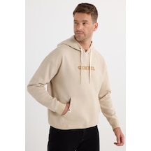 Tudors Erkek Oversize Geniş Kesim Pamuklu Baskılı Bej Kapüşonlu Sweatshirt-37296 Bej