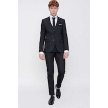 Morven Siyah Yelekli Jakarlı Slim Fit Dar Kesim 6 Drop Erkek Takım Elbise Siyah
