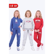 Panios Kids Kız Çocuk 3'lü Baskılı Kanguru Cepli Kapüşonlu Eşofman Takımı Sax-gri-kırmızı