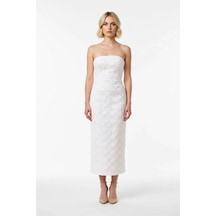 Benerly Kadın Straplez Kolsuz Çiçekli Payet Dokuma Maxi Elbise Bodycon Ke Beyaz