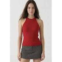 Neden Tekstil Kadın Fitilli Halter Yaka Crop Bluz - Kırmızı