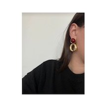 Lunarie Taşlı Halka Sarkıt Vintage Küpe 14k Gold Kalın Bordo