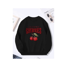 Herkesemoda Cherries Baskı Detaylı Bisiklet Yaka İçi Polarlı Sweatshirt Siyah