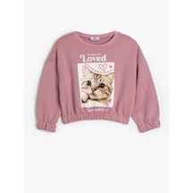 Koton Sweatshirt Bisiklet Yaka Kedi Baskılı Uzun Kollu Lila 5wkg10516ak Lila